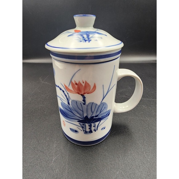 World Market Oriental Blue Floral Design Tea Cup 3 Piece Set Mug Infuser Lid Vtg - Picture 1 of 11